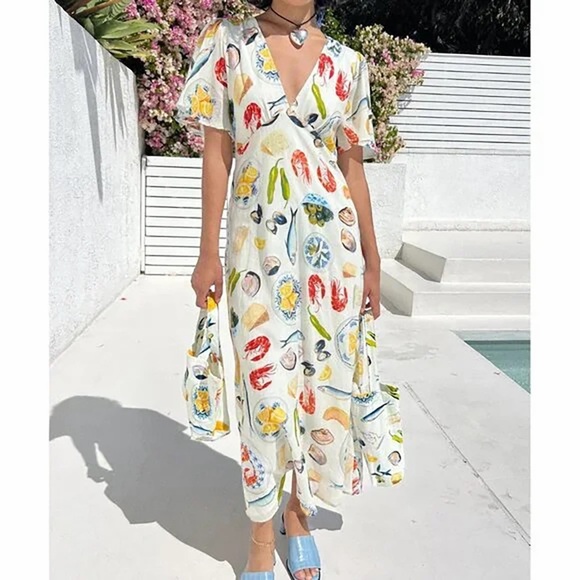 Lisa Says Gah Dresses & Skirts - Lisa Says Gah Grace Food Print Midi Dress Tapas Ivory Lemon Olive Fruit XS